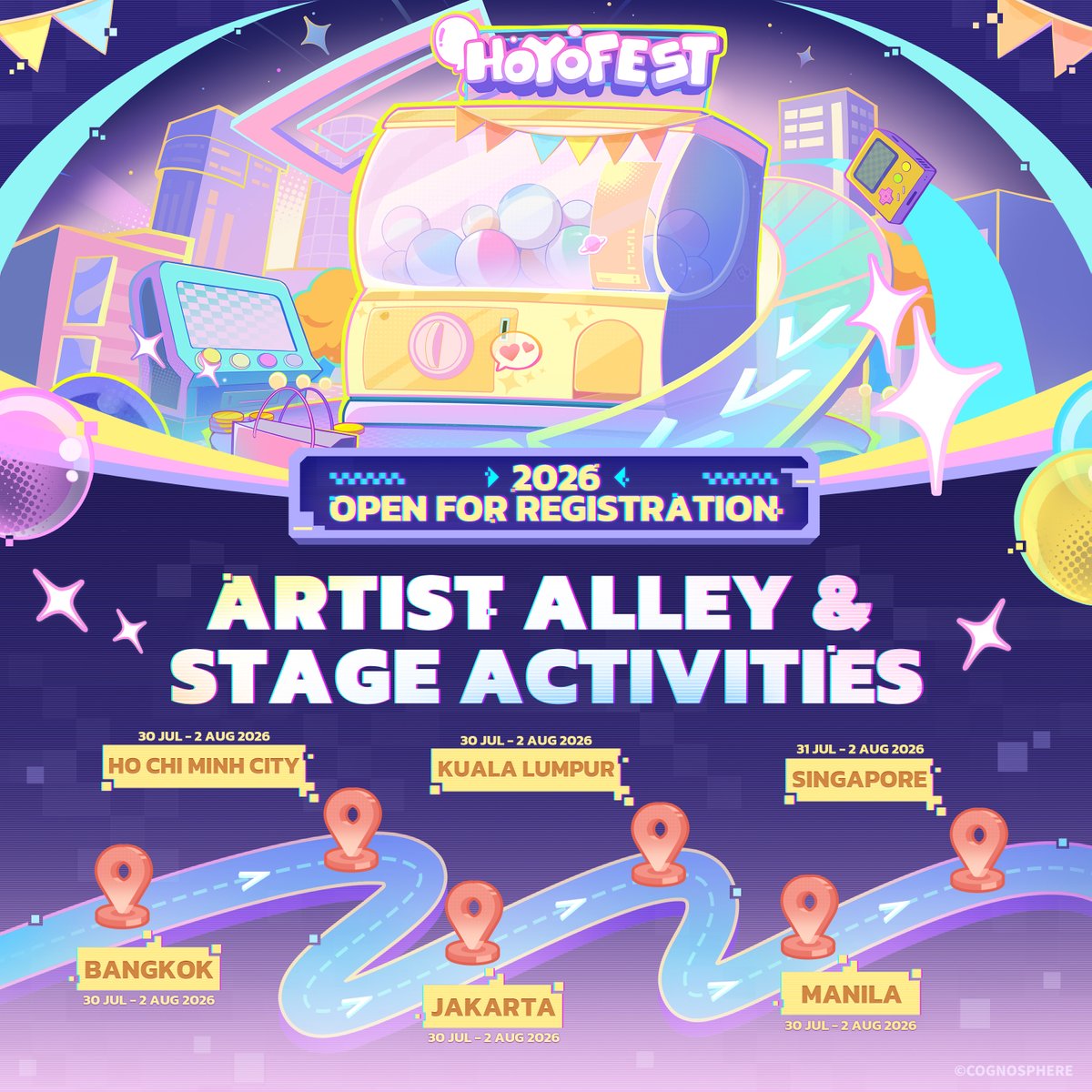 ZZZ_EN's tweet photo. HoYo FEST 2026 is calling you – sign up now to be part of the fun!
〓HoYo FEST 2026 Artist Alley & Stage Activities Recruitment〓
Dear Proxy,
#HoYoFEST is back! 🥳
Calling all Proxy to click the registration form pinned in the comment section below and register yourself as part of #HoYoFEST2026! 🔥
【📣Recruitment Overview】
🎨 Artist Alley: Showcase your amazing work and connect with fellow players in the dedicated space~
🎤 Stage Activities: Stand in the limelight via the Open Stage segment & Cosplay Runway Walk segment!
【📍Event Details】
Bangkok, Thailand: 30 July – 2 August 2026, Central Ladprao, BCC HALL
Ho Chi Minh City, Vietnam: 30 July – 2 August 2026, Sky Expo, Hall A4
Jakarta, Indonesia: 30 July – 2 August 2026, Pondok Indah Mall 3, City Hall
Kuala Lumpur, Malaysia: 30 July – 2 August 2026, Pavilion Exhibition Centre Bukit Jalil, Hall 1-3
Manila, The Philippines: 30 July – 2 August 2026, SPACE at One Ayala, Hall A-D
Singapore: 31 July – 2 August 2026, Suntec Singapore Convention & Exhibition Centre, Hall 403
#HoYoFEST2026 #HoYoFESTZZZ #zzzero #zenlesszonezero