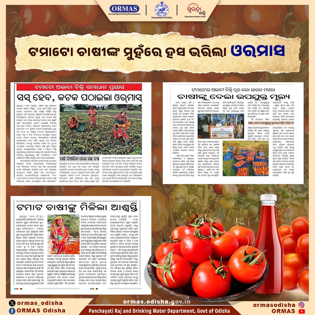 ORMAS steps in to protect farmers

✔ Direct tomato procurement
✔ No distress sales
✔ No middlemen
✔ Empowered SHGs
In partnership with Bharat Masala, procurement is underway across Ganjam, Cuttack &amp; Jharsuguda.

#ORMAS #FarmersFirst #Odisha #SHG #AgriSupport