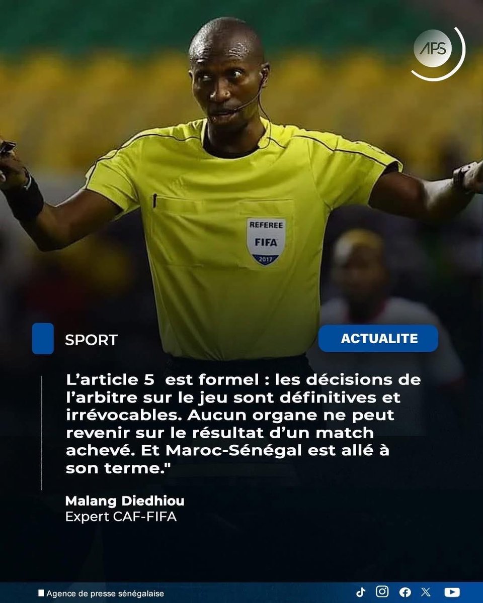 seyyidina_al's tweet photo. Malang Diedhiou, ancien arbitre international et expert CAF-FIFA, livre son analyse de la décision de la Confédération africaine de football ayant attribué la victoire au Maroc sur tapis vert lors de la CAN 2025, malgré le succès du Sénégal sur le terrain. https://t.co/GtrxjA1png