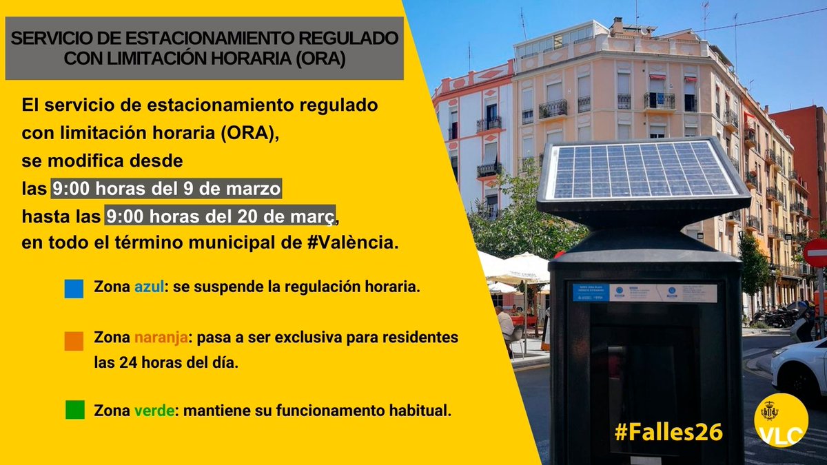AjuntamentVLC's tweet image. 🅿️ Recuerda que este viernes, 20 de marzo, a partir de las 9:00 horas entra en funcionamiento, de nuevo, el servicio de estacionamiento regulado 🚘 con limitación horaria #ORA en #València ⏬

🟦 L-S de 9:00-14:00 h y 16:00-20:00 h (máx. 2h, rotación).
🟧 Exclusivo residentes,