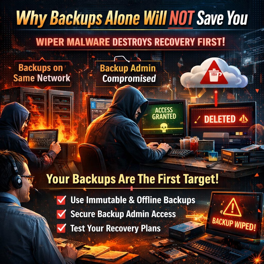 InfoSec4tc's tweet photo. 🚨 النسخ الاحتياطية وحدها لا تكفي!

المهاجمون لا يستهدفون بياناتك فقط… بل يستهدفون قدرتك على الاسترجاع:

❌ نسخ على نفس الشبكة
❌ حسابات Admin مخترقة
❌ حذف النسخ السحابية
💣 هجمات Wiper تبدأ بتدمير الـ Backup

🔐 الحل: نسخ غير قابلة للتعديل + Offline + اختبار دوري

 #Backup https://t.co/STl3KNF45H