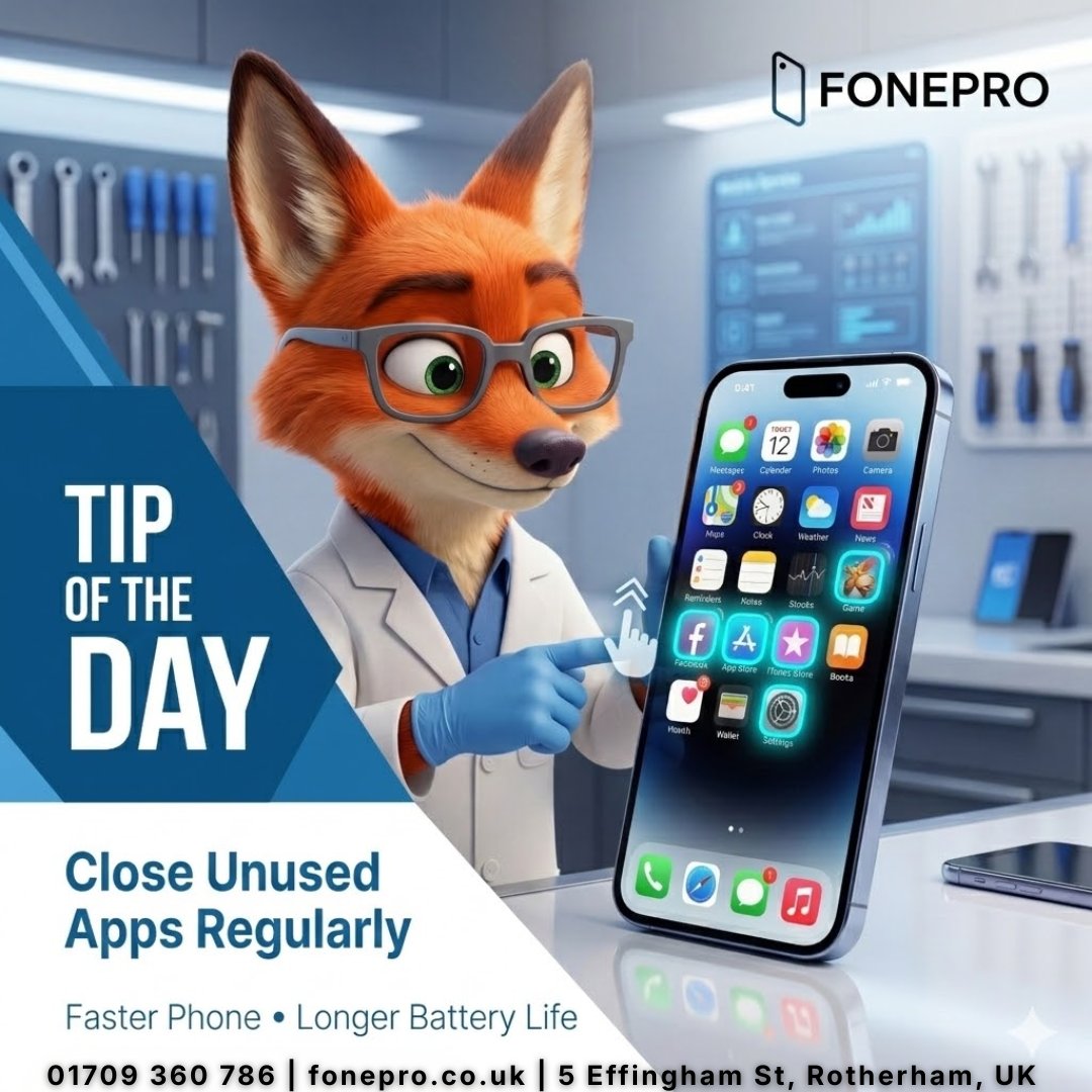 Fonepro_'s tweet image. Tip of the day: closing unused apps running in the background can make your phone faster and help save battery life.

📍 5 Effingham St, Rotherham
📞 01709 360 786
🌐 fonepro.co.uk

#tipoftheday #mobiletips #phonecare #techadvice #mobilelife  #batterycare #fonepro