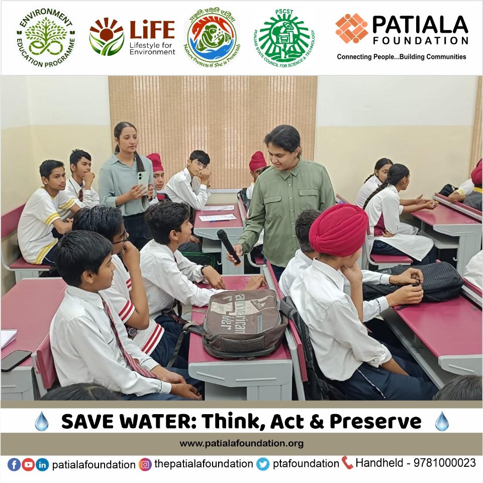 ptafoundation's tweet photo. Save Water: Think. Act. Preserve.
An engaging awareness workshop on water conservation was conducted at GSSSS Pheel Khana, #Patiala under Project PRITHVI by @ptafoundation  in collaboration with the @PSCST_GoP.
@moefcc @PbGovtIndia @PritpalPSCST @KSBathPSCST @susangeorgek https://t.co/oqGw8L9YLG