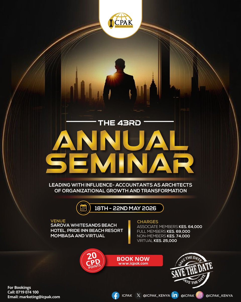 The ICPAK 43rd Annual Seminar Edition 1 is fast approaching!  Join Accountants and other professionals committed to driving organisational excellence, transformation, and sustainable growth.
📍 Location: Mombasa &amp; Virtual
 Date: 18th – 22nd May 2026
Don't miss! Reserve your seat;