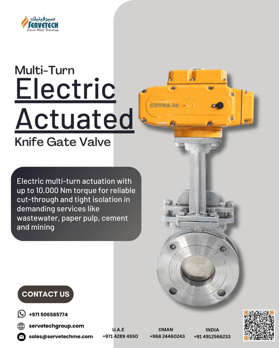 lishachandran's tweet image. ⚙️ Multi-Turn Electric Actuated Knife Gate Valve 

Electric multi-turn actuation with up to 10,000 Nm torque for reliable cut-through and tight isolation in demanding services like wastewater, paper pulp, cement and mining. Built for heavy, viscous or partiyDutyValve #Servetech