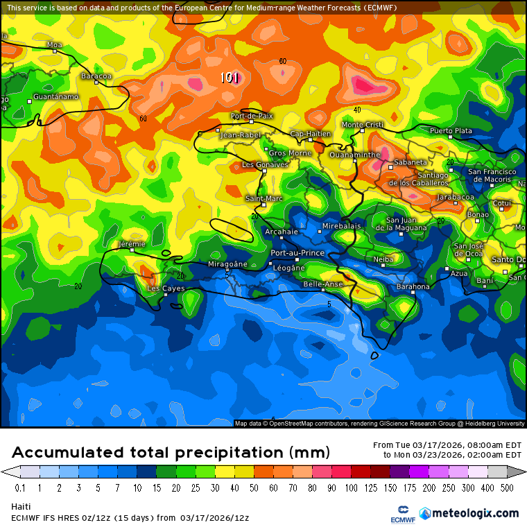 ⚠️ADVERTENCIA ⚠️ 

Modelos de alta resolución visualizan algunas lluvias importantes en algunos sectores de la isla. 
Sin embargo, observen que lloverá fuerte sobre el Noroeste,Centro y Noreste de la República Dominicana. 
#Lluvias inician hoy miércoles pero lloverá fin de semana