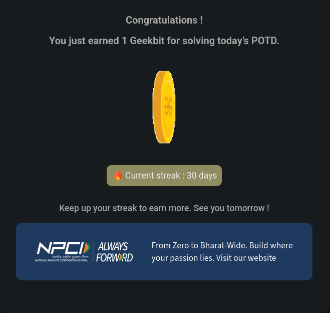 Harshit42077's tweet photo. Day 30 of 60 Days Code challenge
Today I have solved the #POTD " Distribute Candies " 
It was very difficult problem I makes multiple logics to solved it out after some time I solved it for this all thank you very much to @geeksforgeeks and @NPCI_NPCI 
#geekstreak60
#npci
#coding https://t.co/HLQc9nYgw7