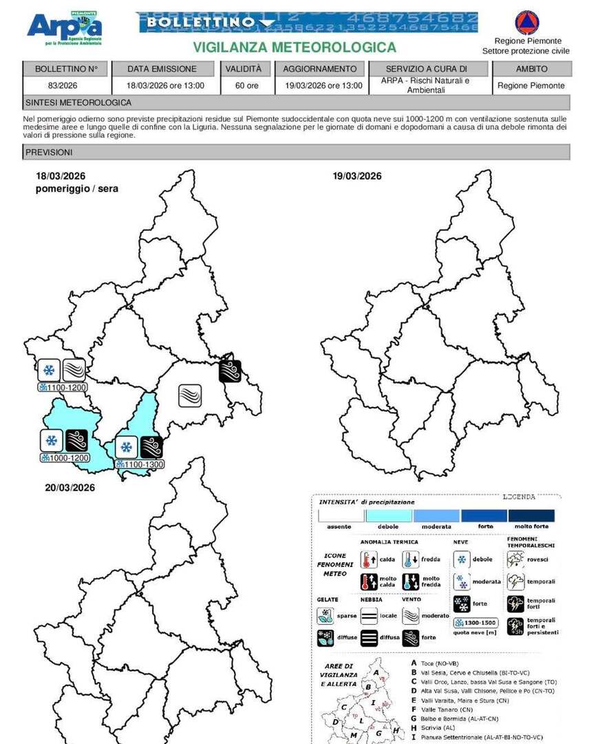 #VigilanzaMeteorologica di #ArpaPiemonte emissione del 18 Marzo 2026
Ventilazione sostenuta sulle aree a confine con la Liguria. Non si segnalano significativi fenomeni prevedibili per i prossimi giorni

Bollettino: ift.tt/E79GM06 instagr.am/p/DWBh3knjtZk/