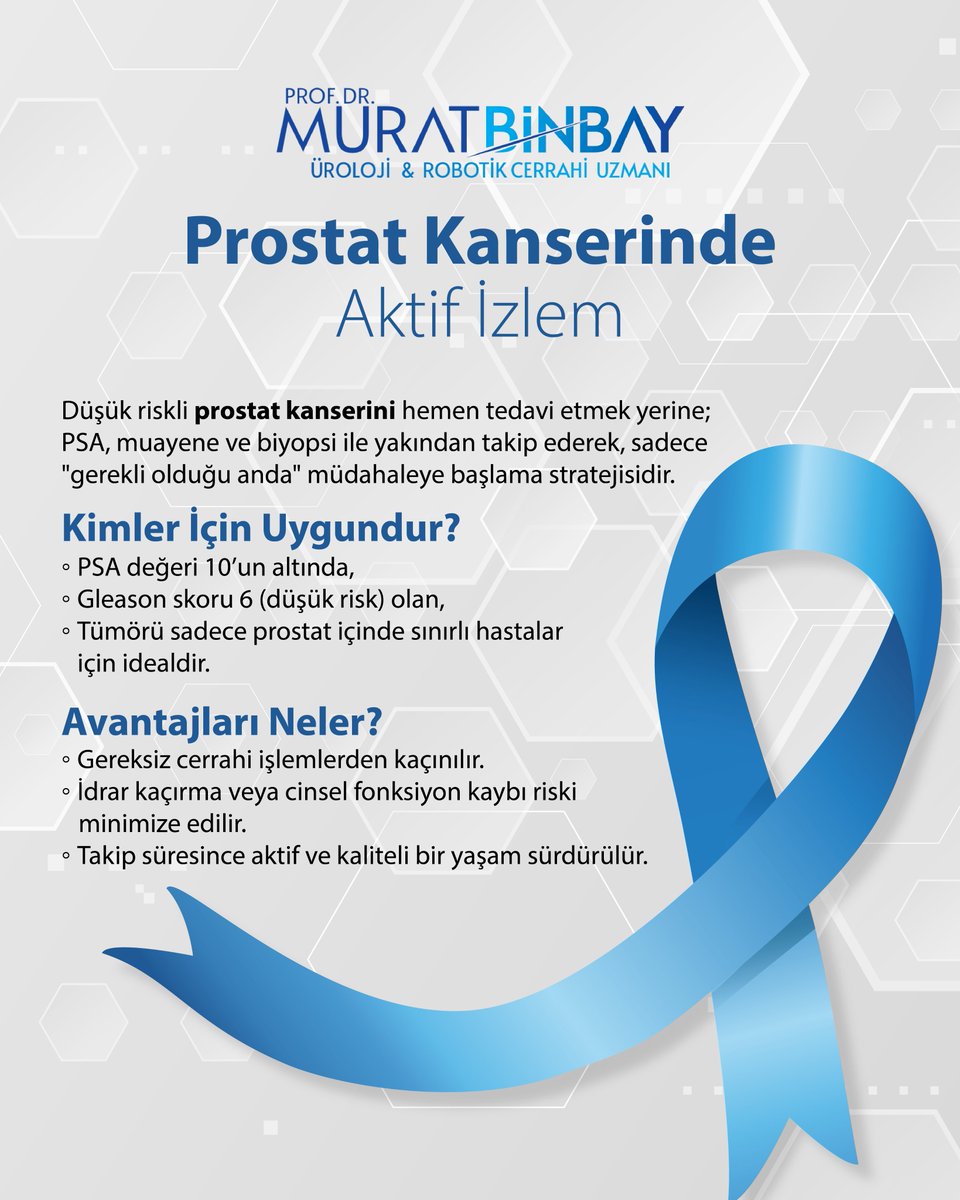 DrMuratBinbay's tweet photo. Prostat kanserinde her zaman hemen tedavi gerekmez.

👉 Düşük riskli hastalarda aktif izlem ile:
• Gereksiz ameliyatlardan kaçınılır
• Yan etkiler azaltılır
• Yaşam kalitesi korunur

Doğru hasta, doğru strateji.

#prostatkanseri #aktifizlem https://t.co/5vSD5gCxN3