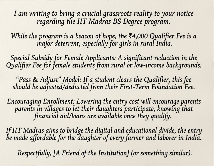 aksaerospaceeng's tweet photo. @NCWIndia @iitm_bs @EduMinOfIndia @dpradhanbjp @PMOIndia online 
BS Degree program ek umeed hai, par ₹4,000 ki Qualifier Fee rural India ki ladkiyon ke liye ek badi deewar hai. Kayi gaaon mein ladkiyon ki saal bhar ki school fees bhi ₹4,000 nahi hoti. https://t.co/zKxQfz1y5w