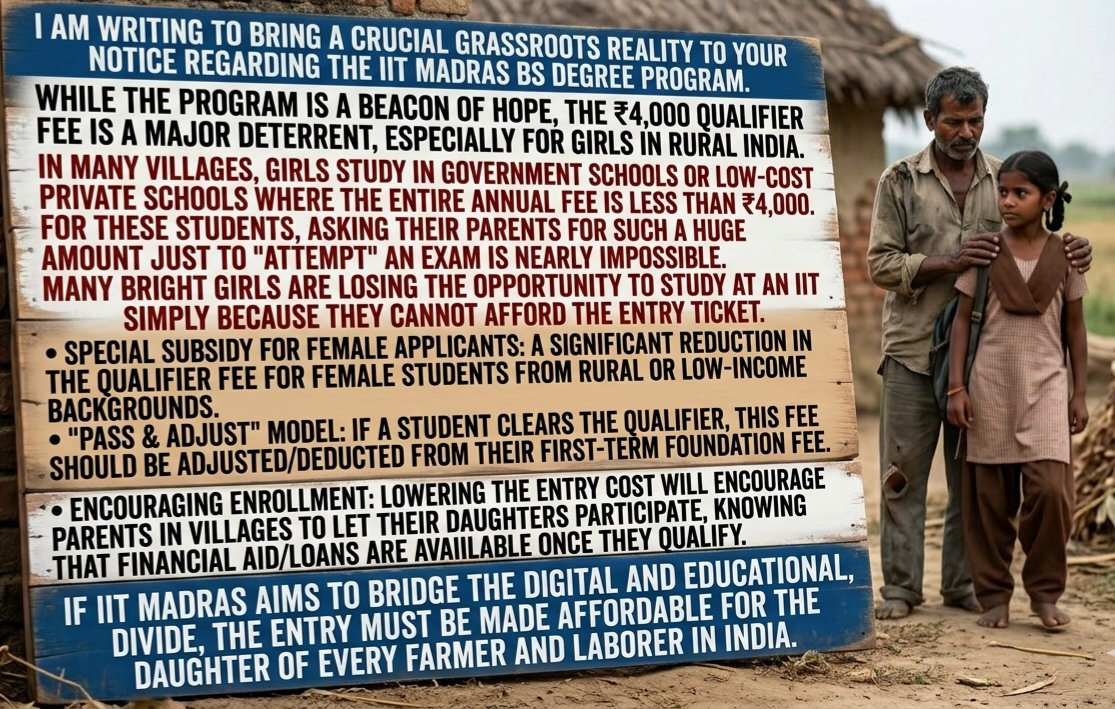 aksaerospaceeng's tweet photo. Parents ko sirf "exam attempt" karne ke liye ₹4k ke liye raazi karna namumkin hai. Jab tak betiyon ko entry nahi milegi, wo scholarship ya loan tak kaise pahunchegi? Hum bright rural students ko sirf isliye kho rahe hain kyunki unke paas shuruat karne ke paise nahi hain https://t.co/XfLJsSdW5b