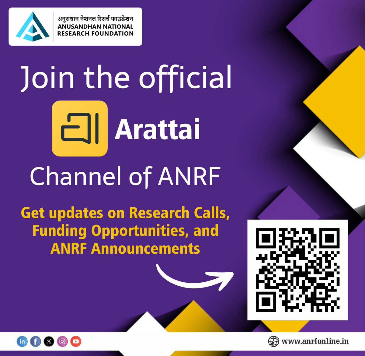 ANRFIndia's tweet image. 𝗪𝗲’𝗿𝗲 𝗻𝗼𝘄 𝗼𝗻 𝗔𝗿𝗮𝘁𝘁𝗮𝗶! 

#ANRFIndia is launching its official Arattai Channel.

Follow us for updates on research grants, fellowships, programmes, events, and key initiatives.

𝗝𝗼𝗶𝗻 𝘁𝗵𝗲 𝗰𝗵𝗮𝗻𝗻𝗲𝗹: aratt.ai/@anrf