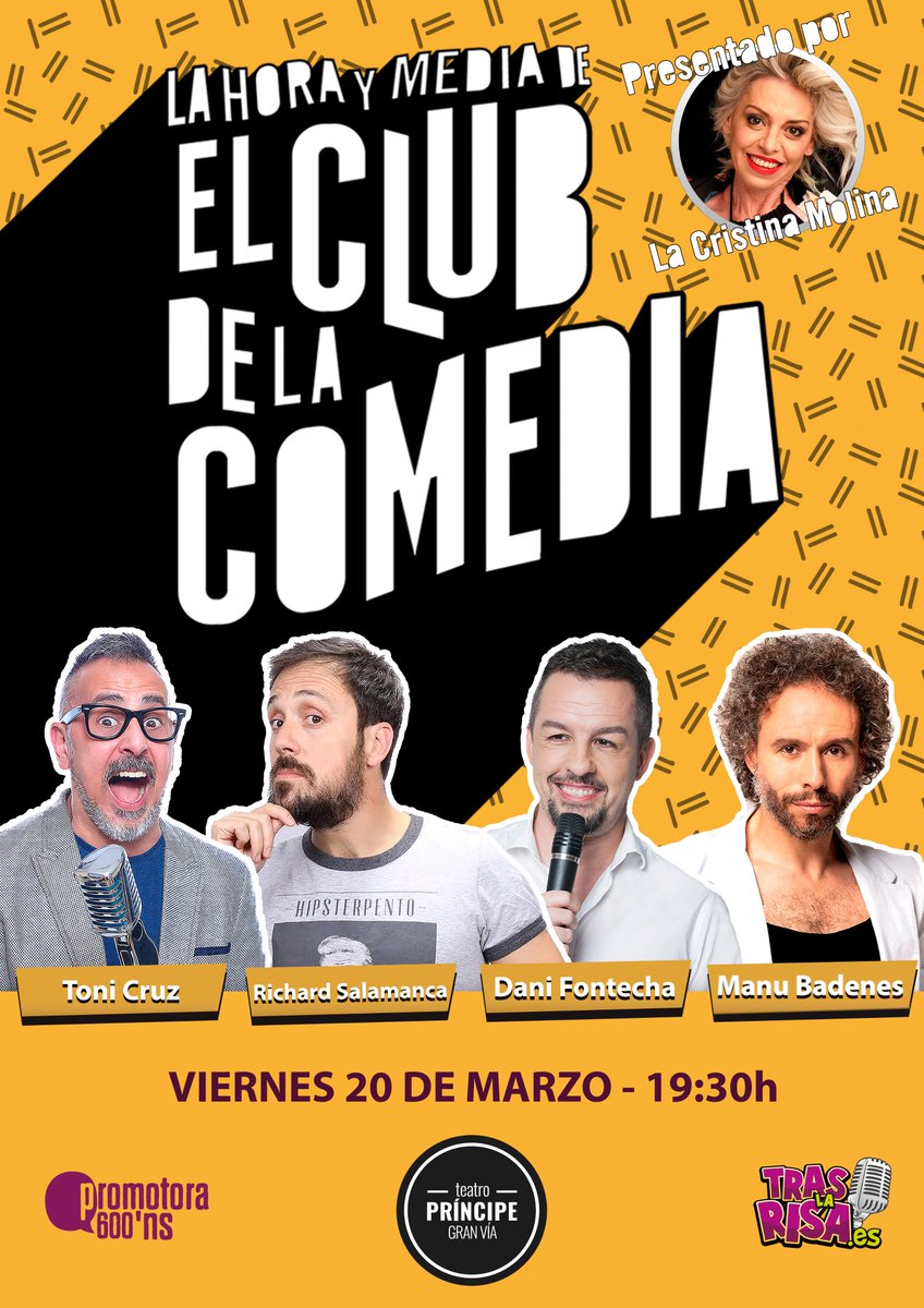 TrasLaRisa's tweet photo. Una hora y media de risas garantizadas este finde. Así de simple. 🤣 Nuestros monologuistas te esperan en el Teatro Príncipe Gran Vía con #LaHoraYMediaDeElClubDeLaComedia 🎉

Compra tus entradas 👉 https://t.co/YUWO1xhIDE

#MonólogosTrasLaRisa #teatro #humor #monólogos https://t.co/muFn9qwvk5