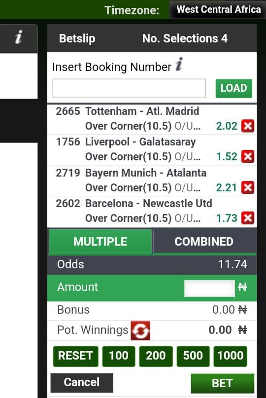 🚨  UCL OVER 10.5 CORNER SUPER PICK ✅ 🔥🔥

 ODDS: 11.74

BOOKING CODE: 57J96GJ

Edit &amp; Stake Wisely!!!🔞🔞

DEPOSIT &amp; PLAY: 👉🏻 register.bet9ja.com/shop?promocode…

#Bet9jaCodes