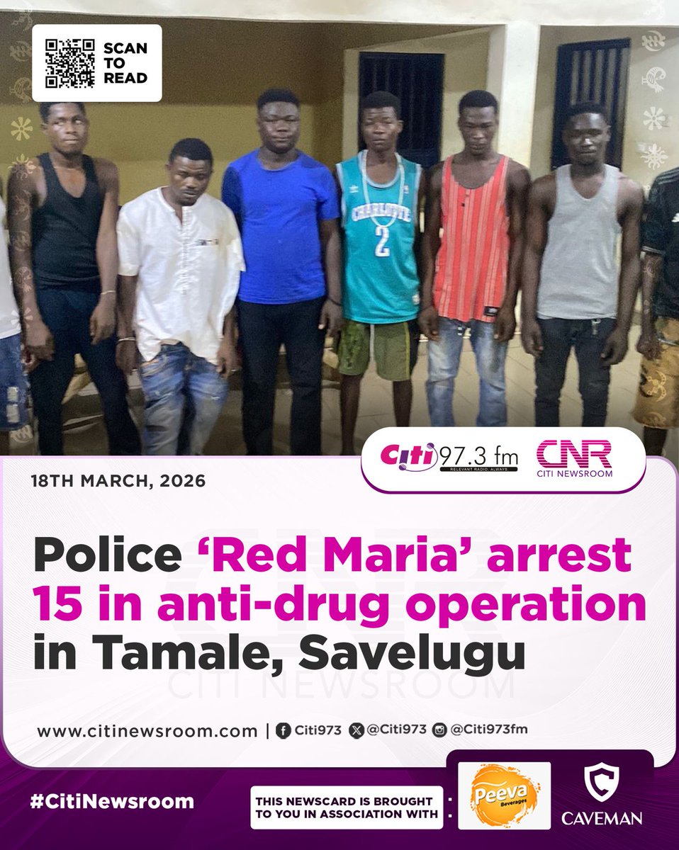 Citi973's tweet photo. The Ghana Police Service has arrested 15 suspected drug peddlers in coordinated operations in Tamale and Savelugu, as part of a crackdown on narcotics in the region.

| Read more here: https://t.co/anWG8VR7HI 

#CitiNewsroom #CitiFM #GhanaNews https://t.co/LSjJARp9bv