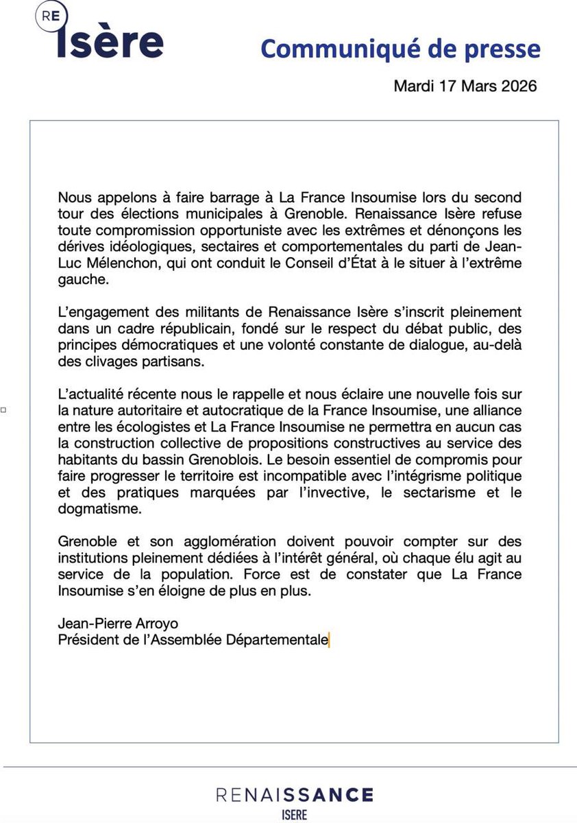 Nous affirmons notre ferme opposition aux extrêmes et appelons à faire barrage à La France Insoumise à #Grenoble
#Municipales2026