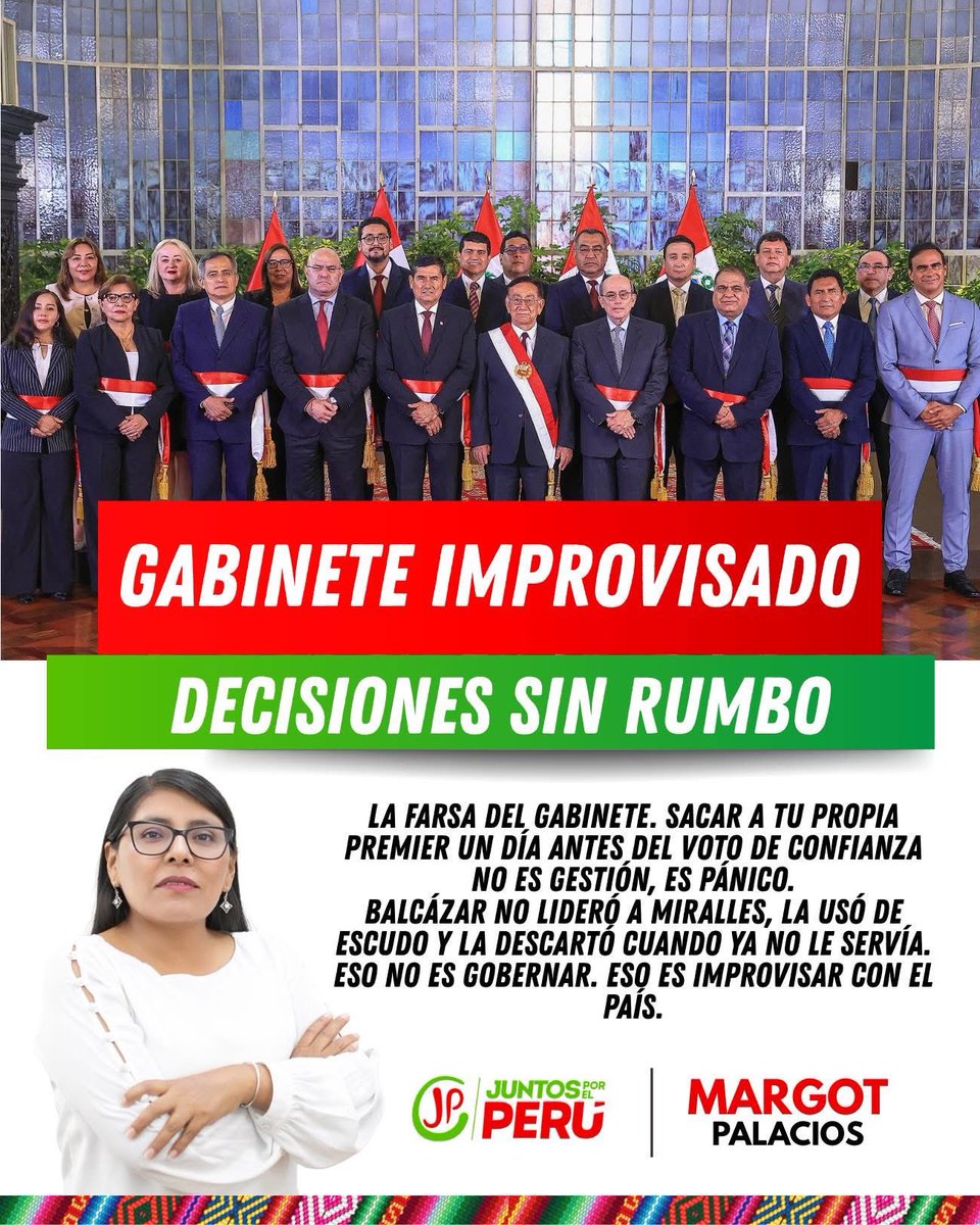 📌La farsa del gabinete. Sacar a tu propia premier un día antes del voto de #confianza no es gestión, es pánico.

#Balcázar no lideró a #Miralles, la usó de escudo y la descartó cuando ya no le servía. Eso no es gobernar. Eso es improvisar con el país.