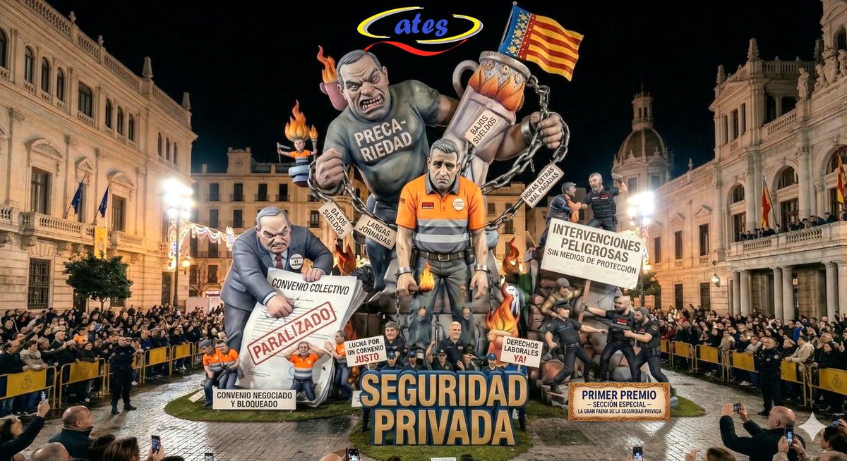 Ates_Sav's tweet photo. Con esta falla arde la verdad de un sector castigado por la precariedad, los bajos sueldos, las largas jornadas y la falta de protección. Desde Ates Sav Valencia alzamos esta crítica fallera para dar voz a quienes sostienen la seguridad privada con esfuerzo y dignidad https://t.co/odOksMF09w