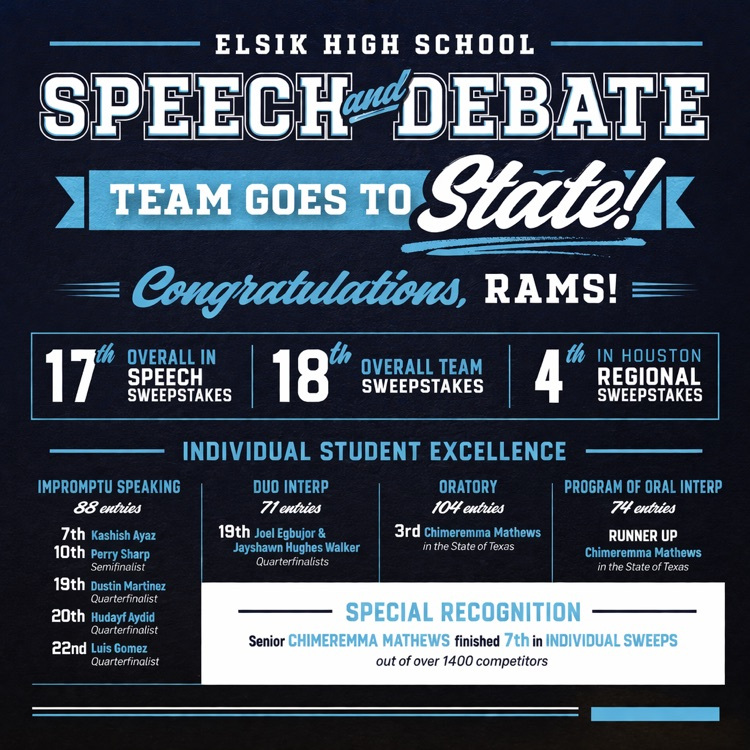 ElsikHighSchool's tweet photo. Elsik Speech & Debate goes to STATE! ππ£οΈ
Our Rams placed 17th in Speech, 18th overall, and 4th in Houston Regionals. Huge congrats to all competitors, especially Chimeremma Mathews for her state honors! #MightyRams https://t.co/32Tvxi7hxt