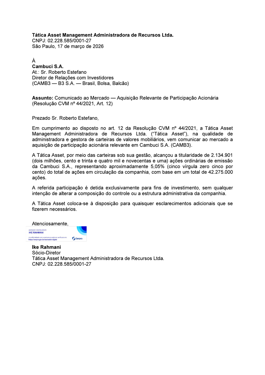 CalixtoCapital's tweet photo. #CAMB3 | CAMBUCI | Comunicado ao Mercado https://t.co/BxfyZqpma2