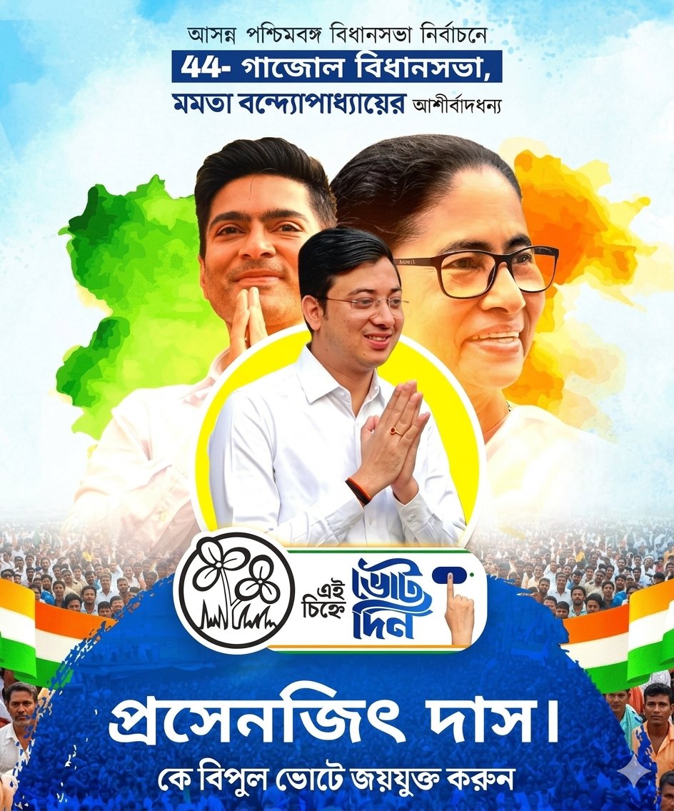 Iamdevdutta's tweet photo. আসন্ন বিধানসভা নির্বাচনে গাজোল বিধানসভা কেন্দ্রে জননেত্রী মমতা বন্দ্যোপাধ্যায়ের স্নেহধন্য তৃণমূল কংগ্রেস প্রার্থী প্রসেনজিৎ দাস -কে জোড়াফুল চিহ্নে ভোট দিয়ে বিপুল ভোটে জয়যুক্ত করুন।।

#VoteForTMC #VoteForPrasenjitDas
#AbarJitbeBangla https://t.co/BROaCfdta7