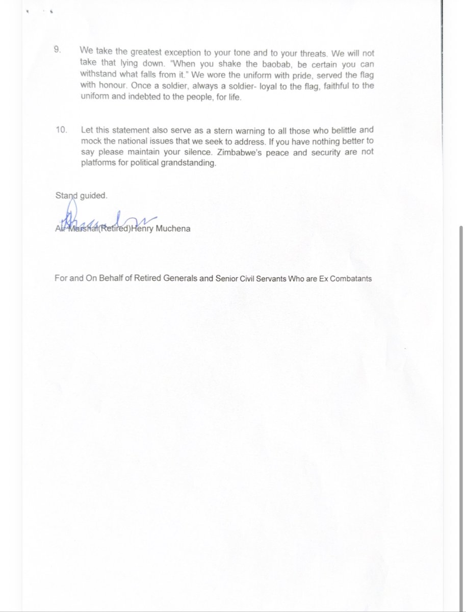Retired military and senior civil service figures have issued a strongly worded statement, signed by retired Air Marshal Henry Muchena, warning former Norton legislator Temba Mliswa over his criticism of their involvement in the debate around Constitutional Amendment Bill No. 3.