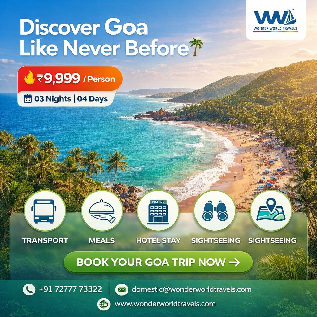 WonderWorld_WWT's tweet image. 🌴 Goa Calling!

🔥 ₹9,999/person
🗓️ 3N/4D Package
Stay | Meals | Transport | Sightseeing ✅

📞 Book Now: +91 72777 73322
#GoaTrip #TravelDeals #BeachVibes #IndiaTravel #Goa