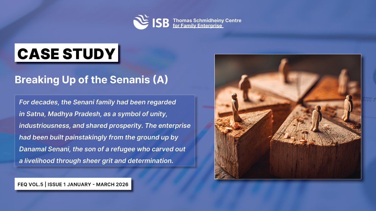 ISBFamBiz's tweet photo. The case study “Breaking Up of the Senanis (A)” examines how a family enterprise in Satna, Madhya Pradesh grew into a successful business over decades, driven by hard work and entrepreneurial vision.
Case summary: https://t.co/0Iv1RCNEIv
Full edition: https://t.co/aTxpngt2gw https://t.co/8XeaJ651rX