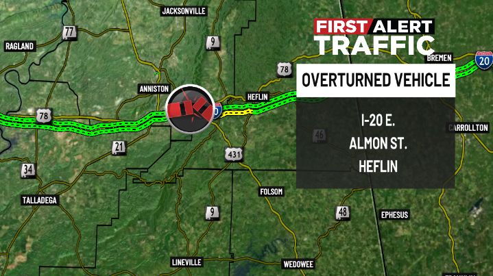 DestinyM_TV's tweet photo. First Alert:
There is an overturned semi on I-20 E. at Almon St. in #Heflin. @WBRCnews @WBRCtraffic #wbrctraffic https://t.co/DIAc0Ybgmz