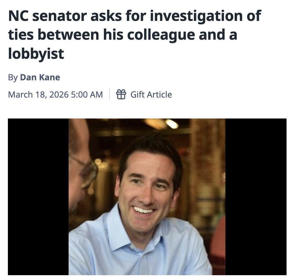 ForwardCarolina's tweet photo. After bombshell reporting last week that Republican State Senator Dave Craven has been paying a lobbyist's wife tens of thousands of dollars under suspicious circumstances, Sen. @TerenceEveritt is asking for a formal investigation into Craven's campaign finances. https://t.co/bySN56FNLH