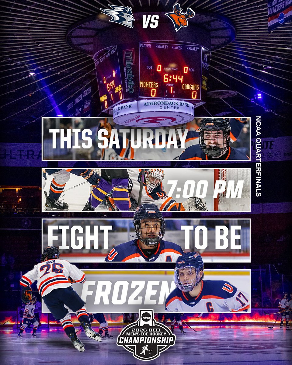🚨FIGHT TO BE FROZEN

The Pioneers host Wisconsin Stout in an NCAA Quarterfinal Saturday night! 

Let’s get rowdy Pioneer Nation!!!

7pm. <a href="/ADKBankCenter/">Adirondack Bank Center</a> 

TICKETS ON SALE NOW - empirestatetix.evenue.net/event/UU26/0321

<a href="/Utica_Pioneers/">Utica Pioneers</a> <a href="/uticauniversity/">Utica University</a> 

#PioneerHockey