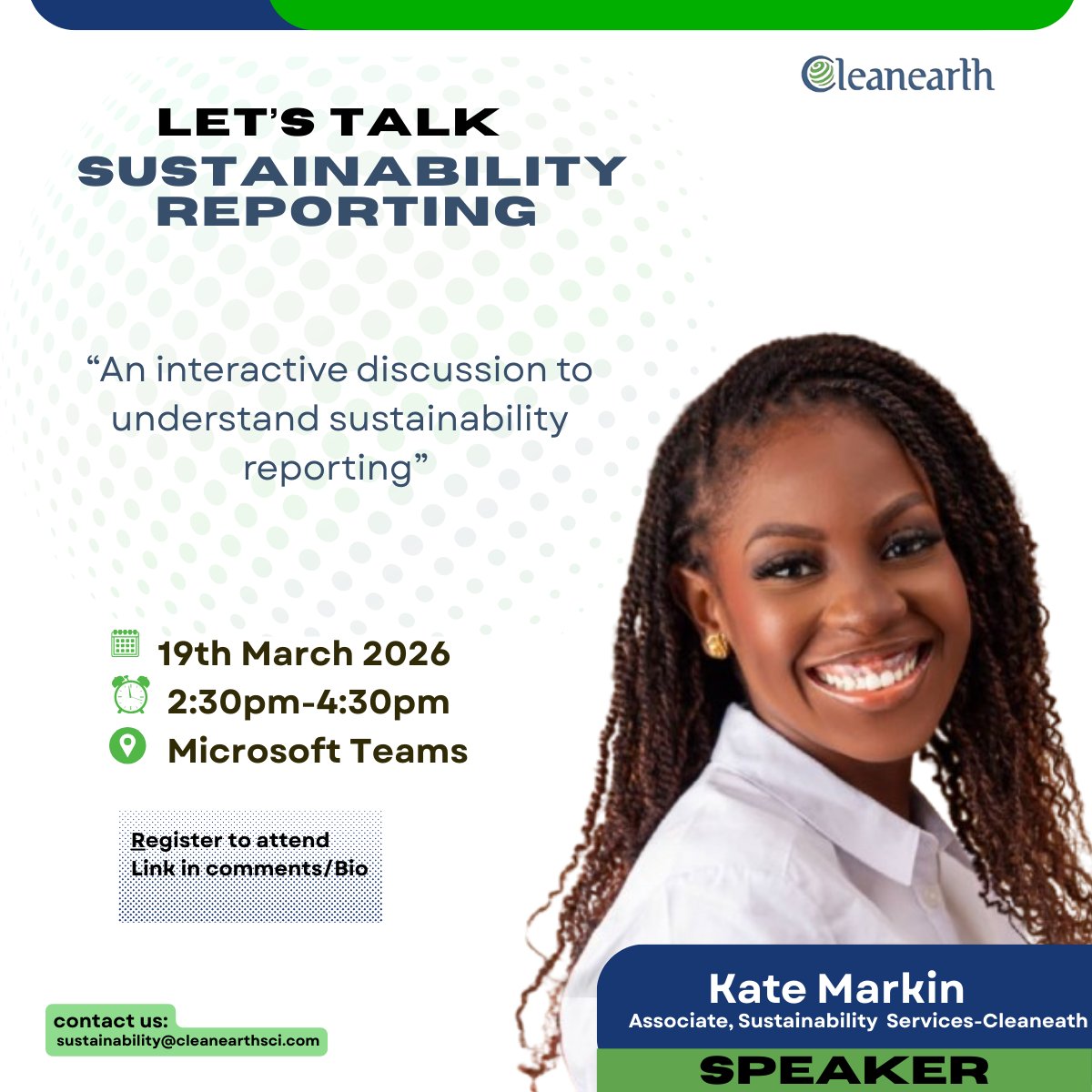 Join Kate at “Let’s Talk Sustainability Reporting: Open Forum on Sustainability” as she shares practical insights on sustainability reporting and building impact-driven systems.

Date: 19th March
Time: 2:30 PM – 4:30 PM (GMT)
Register here: bit.ly/4sch8DE