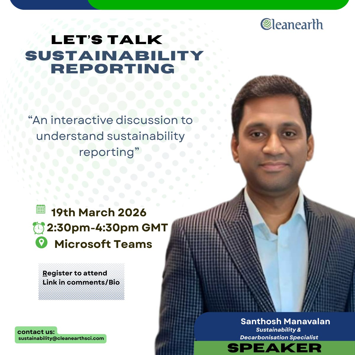 Join Santhosh at “Let’s Talk Sustainability Reporting: Open Forum on Sustainability” as he shares insights on decarbonization, net zero strategies, and practical solutions for achieving impact.
Date: 19th March
Time: 2:30 PM – 4:30 PM (GMT)
Register here: bit.ly/4sch8DE