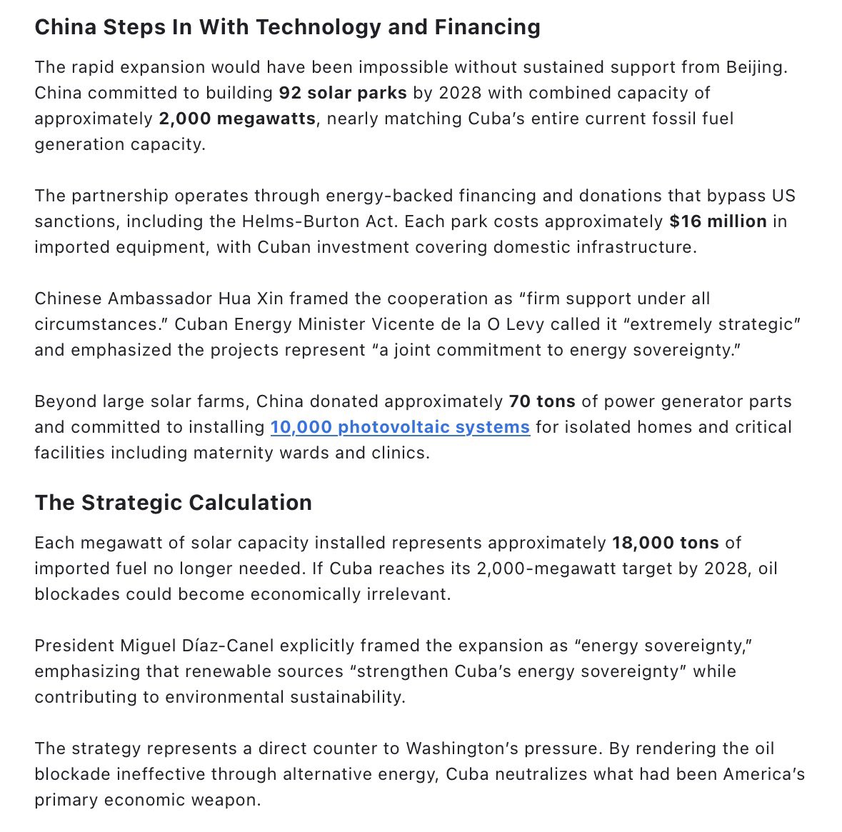 $ENPH $FSLR $ARRY $TE | China helps Cuba more than triple its solar share to 20% via 49 new solar parks, as the island sidesteps a U.S. oil blockade. 

Beijing has committed to 92 parks by 2028, aiming for 2,000MW of capacity to replace crippled fossil fuel generation.