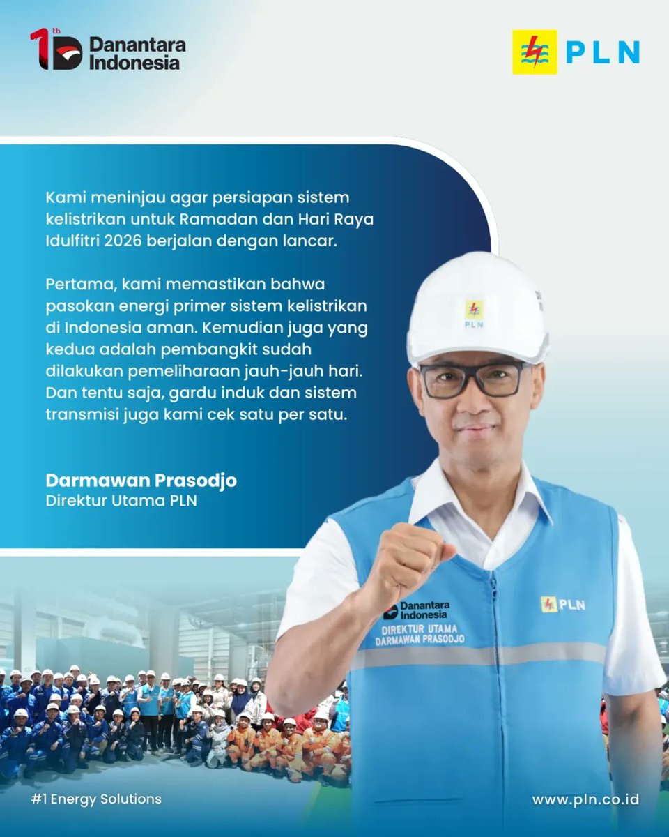 Direktur Utama PLN, Darmawan Prasodjo, melakukan inspeksi langsung kesiapan infrastruktur pembangkit listrik dalam melayani perayaan Idulfitri 1447 H di PLTGU Cilegon, Banten.

#PLNUntukSemua #PLNuntukIndonesia