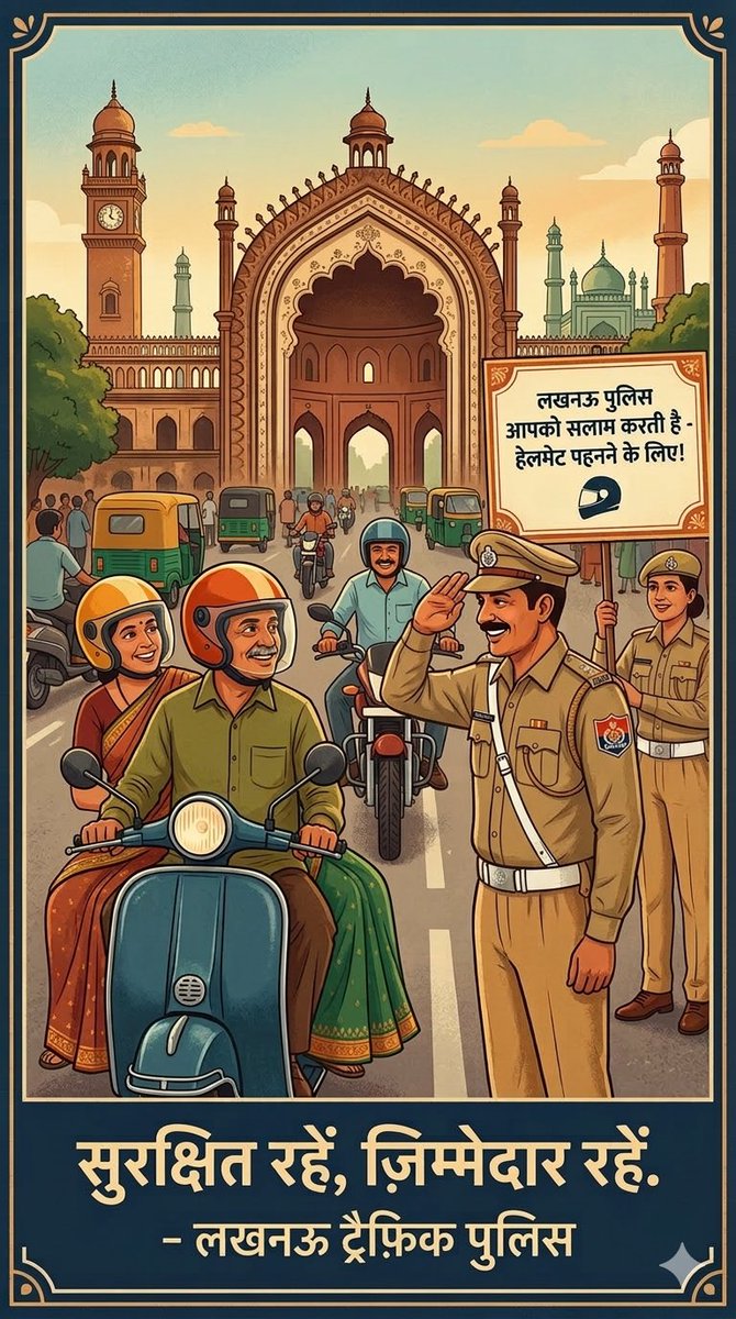 lucknowtraffic's tweet image. नवाबों के शहर में 'तहज़ीब' भी, और 'सुरक्षा' भी! 🛡️
​सड़क पर चलते समय आपकी एक छोटी सी सावधानी, आपके परिवार की बड़ी खुशी बन सकती है। हेलमेट सिर्फ चालान से बचने के लिए नहीं, बल्कि आपकी ज़िंदगी बचाने के लिए है।

​#LucknowTrafficPolice #drives #drivesafeLucknow #RoadSafety #UPPolice