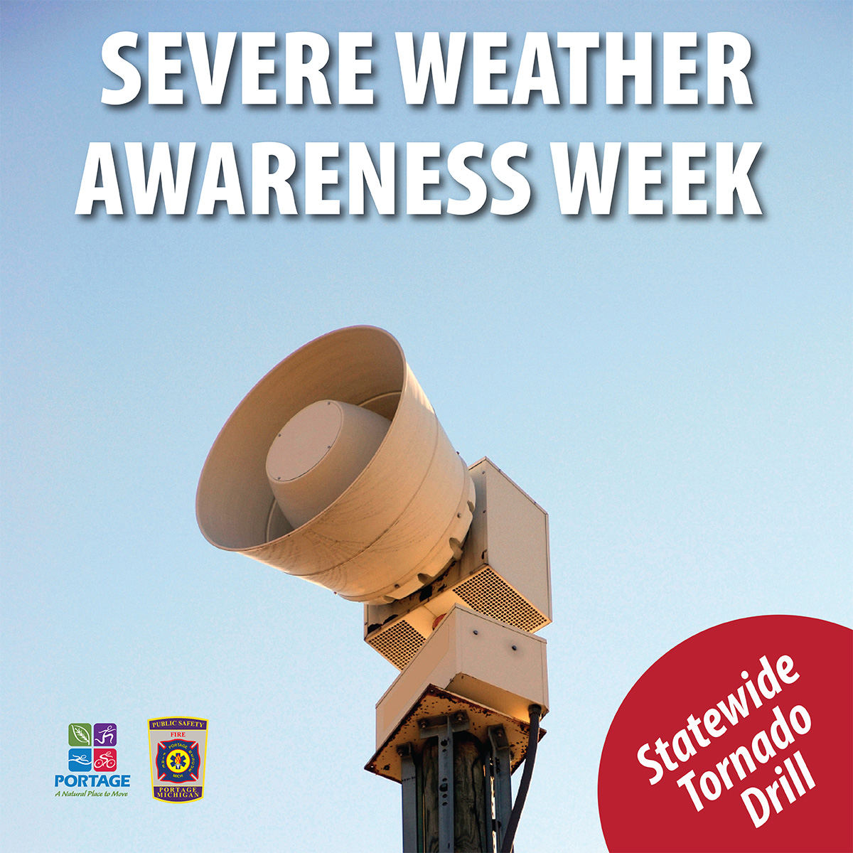 PDPSPortageMI's tweet photo. 🚨 Statewide Tornado Drill   
The Statewide Tornado Drill will take place today at 1 PM. During the tornado drill, sirens will sound. Remember that it is only a drill. Take this opportunity to practice your tornado plan and prepare your emergency kit. https://t.co/yWOAxaZkpf
