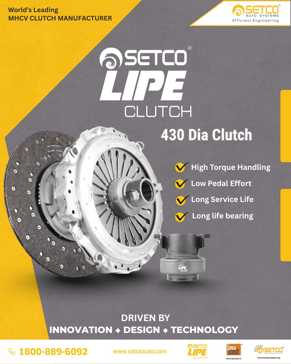 SetcoAutomotive's tweet image. SETCO LIPE 430 Dia Clutch is designed for heavy-duty trucks, tippers, and trailers operating in demanding environments—trusted by leading OEMs and our customers.
Optimized for:
* 900–1700 Nm torque range
* 25T–60T vehicle segment
* Superior durability and driver comfort

#LIPE