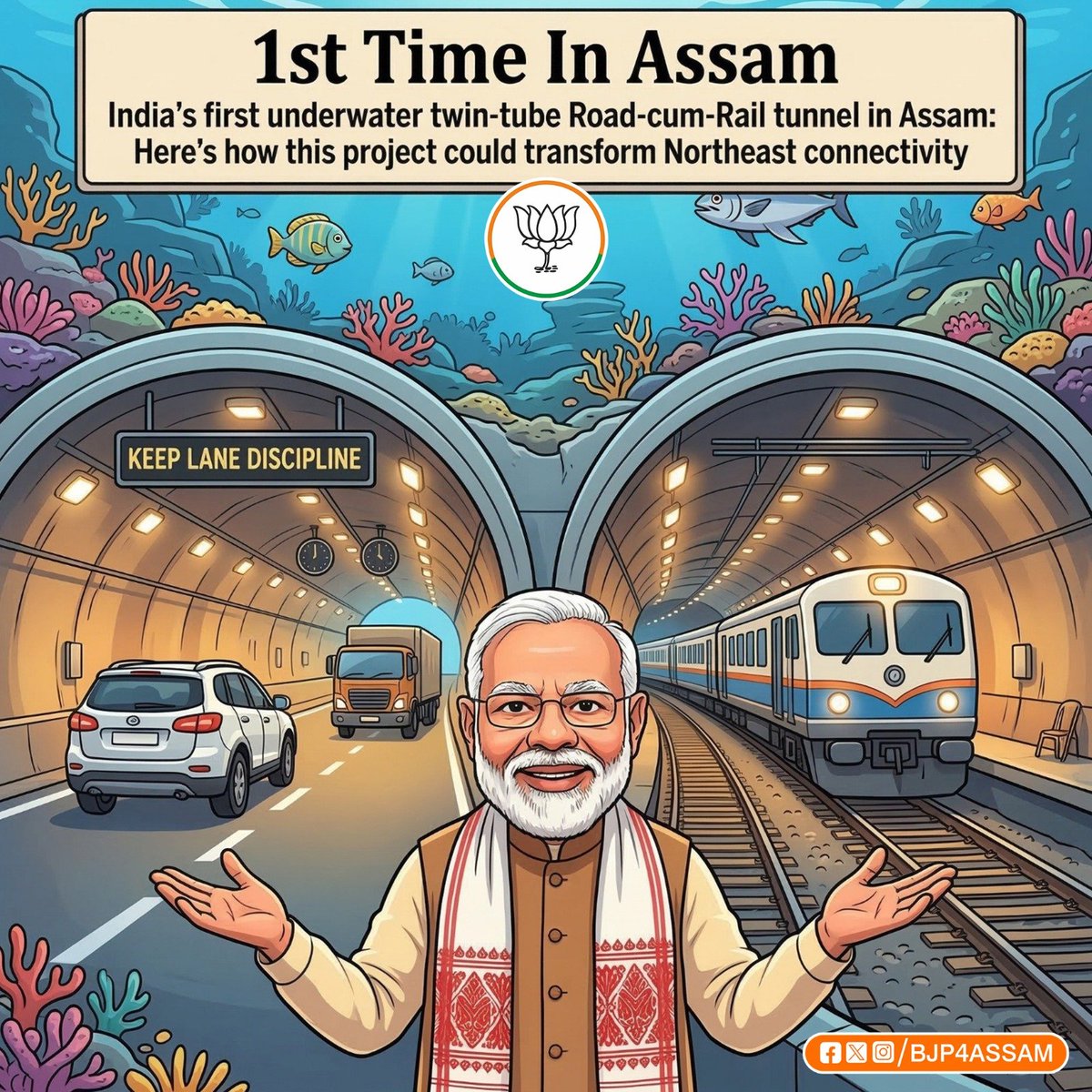 BJP4Assam's tweet image. First Time In Assam

We are making history 
India’s FIRST underwater twin-tube Road-cum-Rail tunnel is officially coming to our state. 

Imagine driving or taking a train right under the water! This is exactly the kind of massive growth the Northeast needs. 

#FirstTimeInAssam