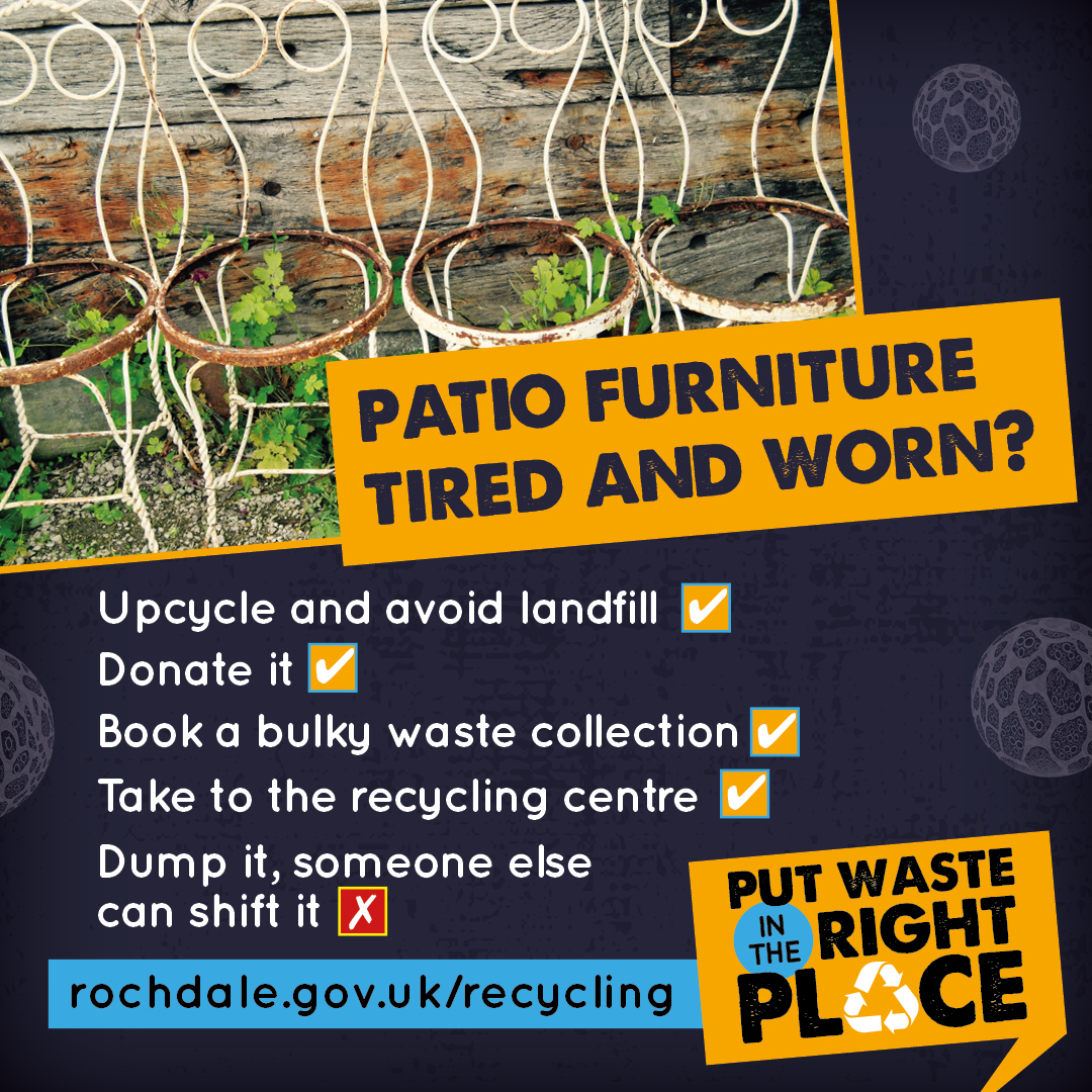 RochdaleCouncil's tweet image. It's @GlbRecyclingDay and the sun is shining. You might be thinking of a spring clean or getting the patio furniture out.

If it's seen better days, there are plenty of options to #repurpose or #recycle.  If not please dispose of them in the right way.

#globalrecyclingday