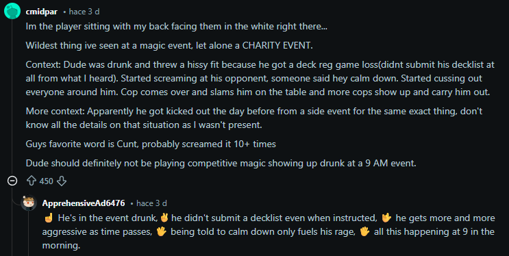 Hace unos días había revuelo sobre alguien arrestado en un torneo supuestamente por llevar "pin ofensivo" y "no respetar pronombres" cuando al parecer iba borracho, no hizo submit del mazo y se puso agresivo tras el DQ.

¿Podemos dejar de perjudicar colectivos por unos clicks?