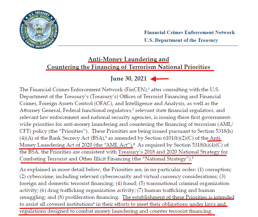 TheDebriefing17's tweet image. 🤔This is the part people miss:

Back in 2021, FinCEN already told the financial system what the real battlefield was.

Not one issue.
A full map.
Corruption
 Cybercrime + virtual currency
 Terror financing
 Fraud
 Transnational criminal organizations
 Drug trafficking
