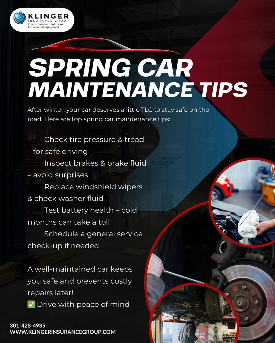 KlingerInsGroup's tweet image. 🚗 Spring Car Check!

✅ Stay safe and avoid costly repairs!
📞 Klinger Insurance Group: 301-428-4935

#SpringCarMaintenance #CarSafety #SafeDriving #KlingerInsuranceGroup