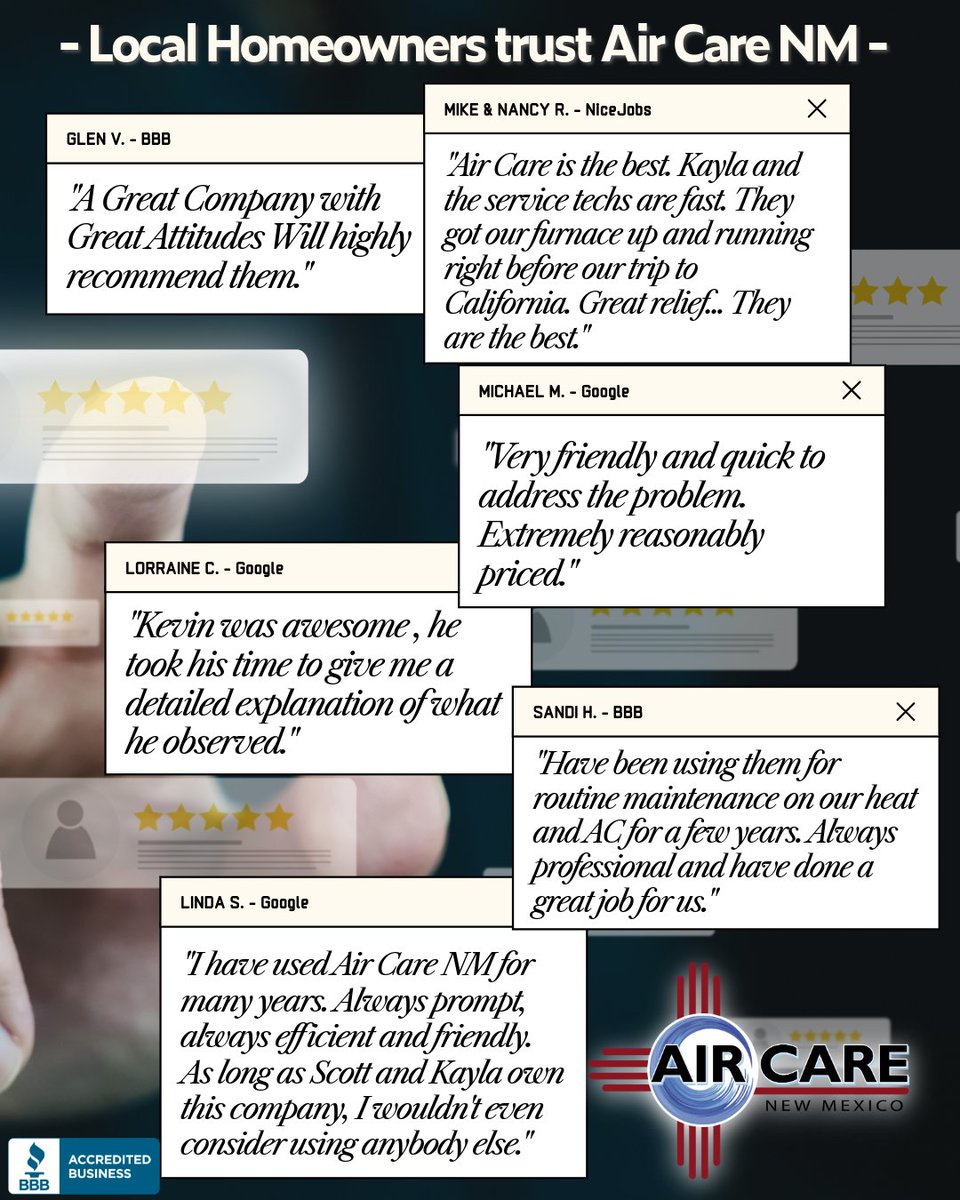 AirCare_NM's tweet image. Your comfort deserves 5-star service!
See why homeowners trust AirCareNM for top-rated service! Contact us today at (505)595-2273 or AirCareNM.com for all your HVAC needs. Experience comfort that’s truly exceptional! #CustomerReview #TrustedService #AirCareNM #HVACPros