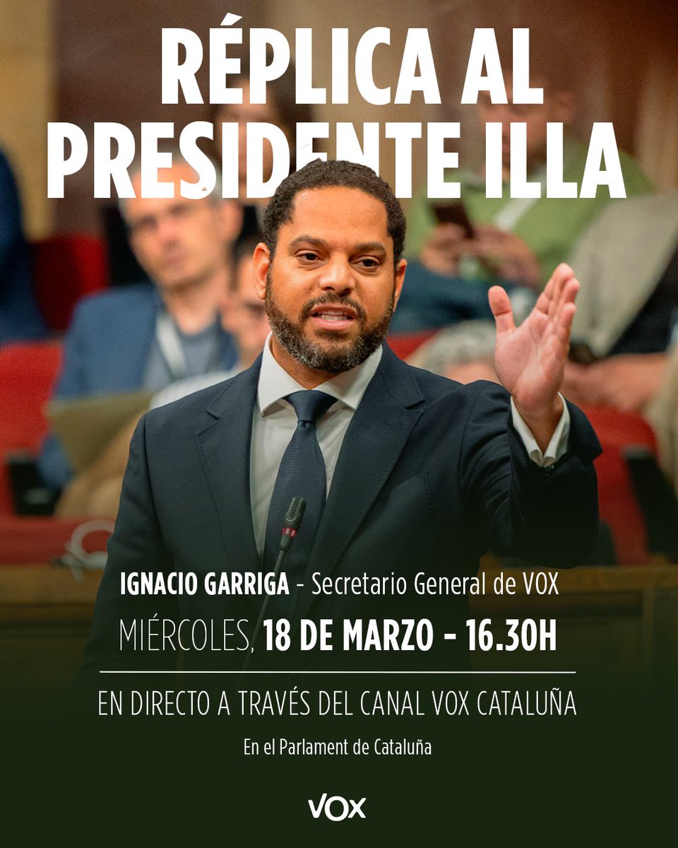 Cataluña está completamente bloqueada: sanidad colapsada, educación en declive e infraestructuras que se caen.

Hoy <a href="/Igarrigavaz/">Ignacio Garriga</a> pondrá contra las cuerdas a Illa.

🔴📲 No te lo pierdas:
youtube.com/@vox_cat?si=LV…