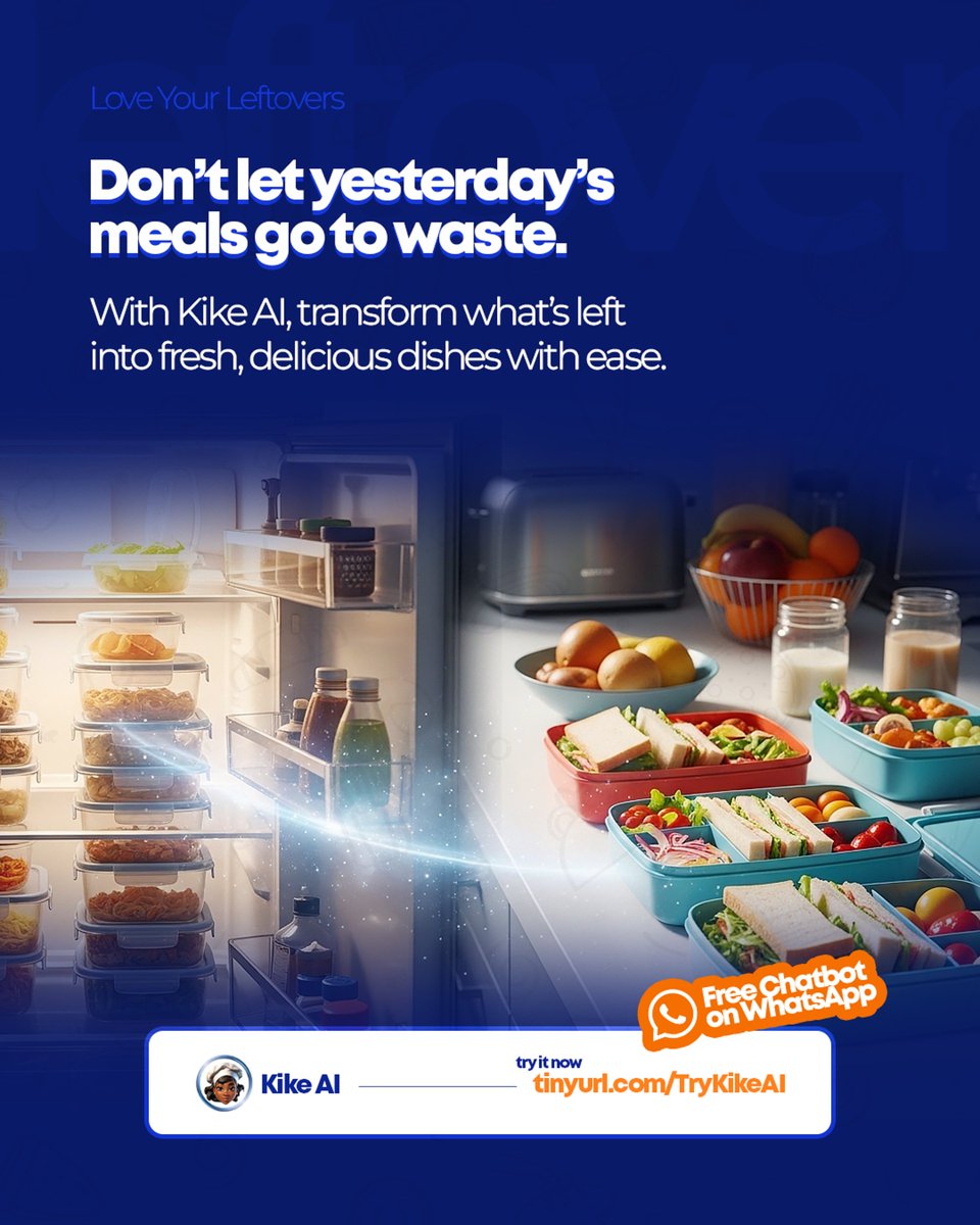 myKikeAI's tweet image. Don’t waste your leftovers. 🍲

With Kike AI, turn yesterday’s meals into fresh, delicious dishes in seconds. Just tell it what you have and get smart ideas instantly.

Save money. Reduce waste.

Try it FREE: tinyurl.com/TryKikeAI

#kikeai #foodwaste #smartcooking