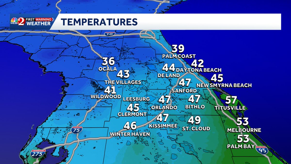 TMainolfiWESH's tweet image. Here's a look at our Central #Florida temperatures at this hour. A #Cold morning is underway so you will want to grab a jacket. Stay with #weshwx for updates.