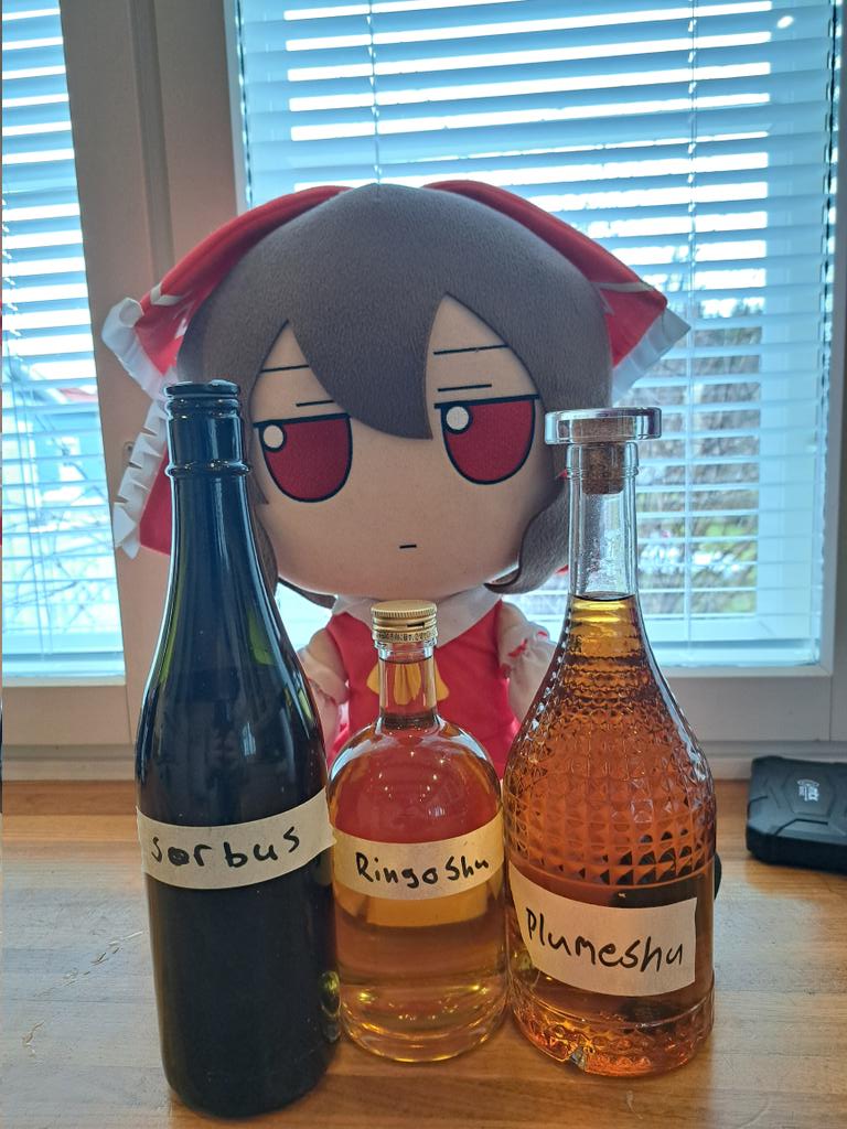 Urnukka's tweet photo. Big Reimu and the fruits of last autumn's harvest!

Sorbus = Rowanberry liqueur
Ringoshu = Umeshu but with apple
Plumeshu = Umeshu but with Finnish plums

Harshness of the cheap vodka has mellowed in 8 months, but I think it's still gonna get better with time

Kanpai https://t.co/IEz0BG0b7K