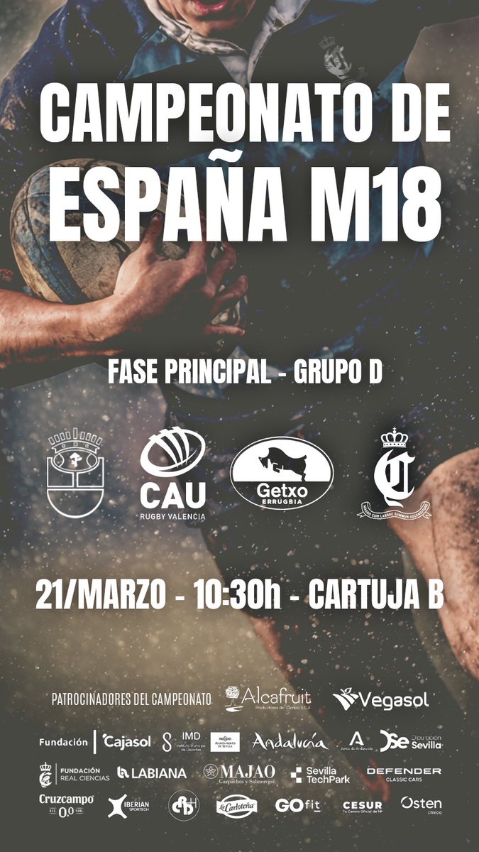 rugbyciencias's tweet photo. Este sábado 21 de marzo, se disputará la Fase Principal del Campeonato de España M18 (Grupo D) en Cartuja.

Una jornada de máximo nivel con grandes canteras del rugby nacional @AlcobendasRugby @GetxoRugby CAU y Real Ciencias.

Un día para disfrutar del mejor rugby de formación https://t.co/fr5mNIRTR2