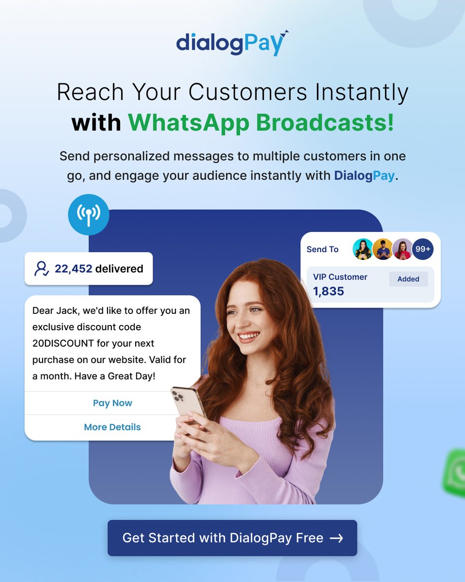 DialogPay's tweet photo. Reach your customers instantly with WhatsApp Broadcasts by DialogPay 📲
Send personalized messages at scale &amp; boost engagement in seconds 🚀

#DialogPay #WhatsAppMarketing #CustomerEngagement #DigitalMarketing #BusinessGrowth https://t.co/0zvX9dgK36